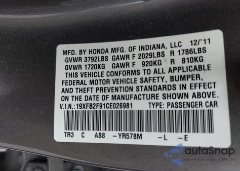 2012 Honda Civic Ex-L from USA, damaged, VIN 19XFB2F91CE026981